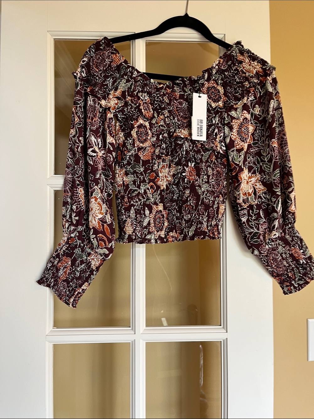 BB Dakota Burgundy Floral Smocked Off-Shoulder Crop Top
